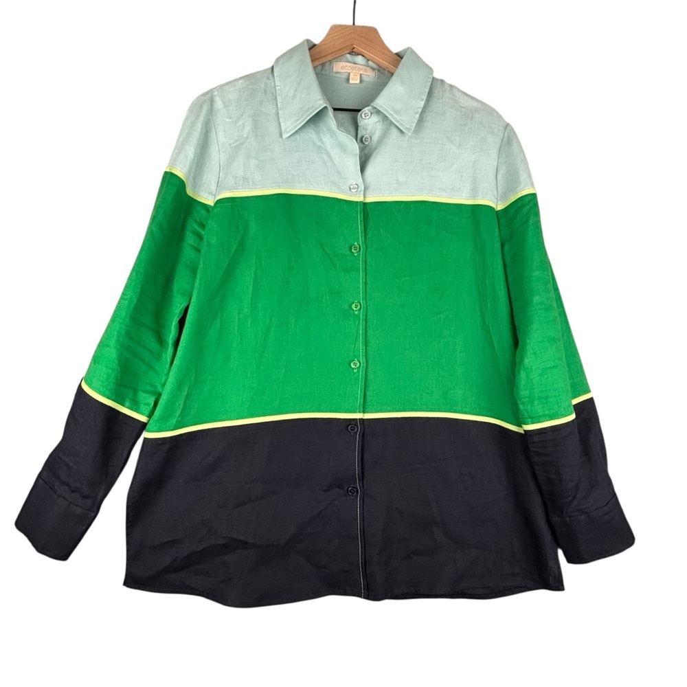 Etcetera Shirt Women 10 Green Blue Colorblock Linen‎ Button Up Tunic Boxy
